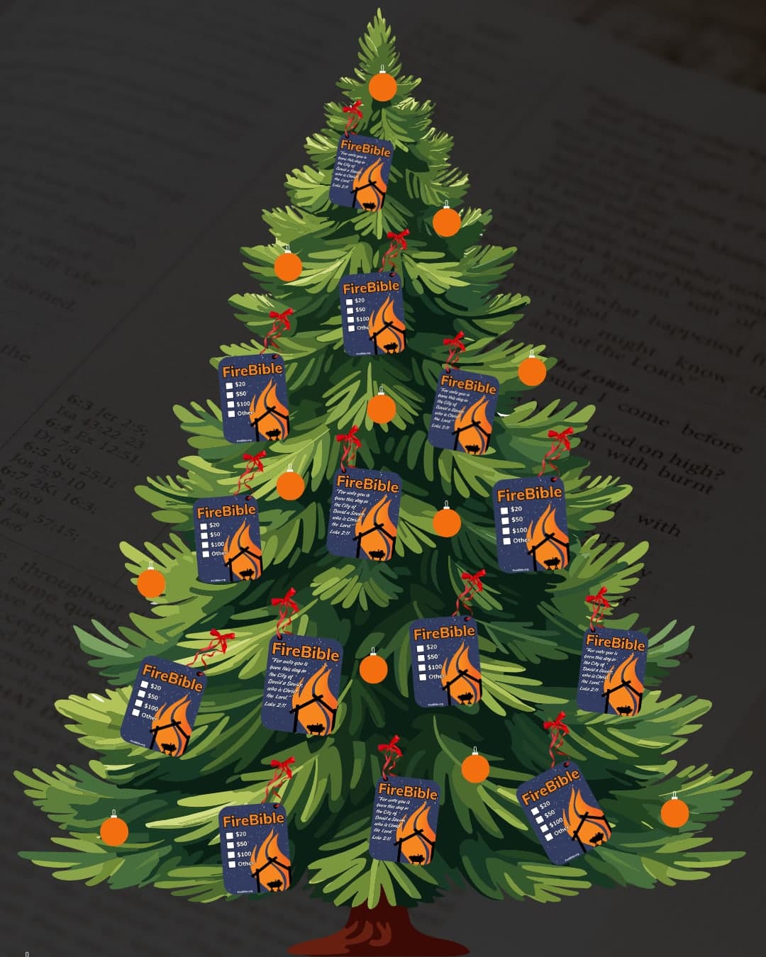 A Christmas tree hung with FireBible ornaments.